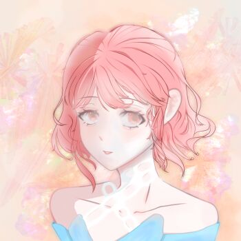 1girl absurdres bare_shoulders blue_shirt chinese_commentary collarbone commentary_request criss-cross_halter eyelashes floral_background halterneck happy highres infinity_nikki light_blush light_smile looking_at_viewer nikki_(nikki) nikki_(series) off-shoulder_shirt off_shoulder orange_background parted_lips pink_eyes pink_hair shirt short_hair solo upper_body wavy_hair yanjiujun