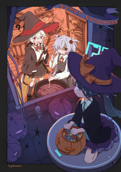 3girls ? absurdres alternate_costume aris_(blue_archive) artist_name black_border black_dress black_hair black_jacket black_skirt black_socks blue_archive blue_eyes blue_halo border broom brown_eyes candy cauldron commentary_request dofus_(icyboon) dress eri_(blue_archive) food grey_hair hair_ornament hair_over_one_eye halloween halloween_bucket halo happy_halloween hat highres holding holding_broom jack-o&#039;-lantern jacket kanoe_(blue_archive) kneehighs long_hair long_sleeves looking_at_another multiple_girls night open_window orange_eyes orange_halo outside_border partially_shaded_face pinafore_dress pleated_skirt puffy_long_sleeves puffy_sleeves purple_hat purple_skirt red_ribbon ribbon robotic_vacuum_cleaner scar scar_on_neck school_uniform seiza shirt sitting skeleton skirt sleeveless sleeveless_dress socks sphere_hair_ornament standing star_(symbol) stirring stirring_rod very_long_hair white_hair white_shirt wide_sleeves window witch witch_hat yellow_halo