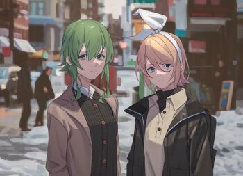 2girls black_cardigan black_jacket black_sweater blonde_hair blue_eyes bow cardigan closed_mouth collared_shirt commentary_request green_eyes green_hair grey_jacket gumi hair_between_eyes hair_bow hairband jacket kagamine_rin light_smile medium_hair multiple_girls open_clothes open_jacket shirt short_hair sidelocks snow split_mouth sweater turtleneck turtleneck_sweater vocaloid white_bow white_hairband white_shirt wounds404 yellow_shirt