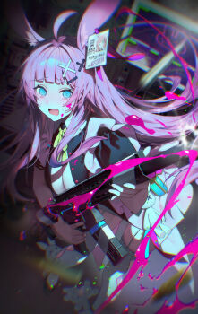 1girl absurdres animal_ears blood blue_eyes bow crying crying_with_eyes_open gun highres holding holding_gun holding_weapon id_card long_hair open_clothes open_mouth original pink_hair rabbit rabbit_ears reby_ano shotgunman tears weapon