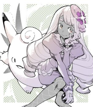 1girl ascot clefable creazed dark-skinned_female dark_skin dress fascinator feet_out_of_frame fishnet_pantyhose fishnets frilled_ascot frills full_body gen_1_pokemon gloves glowing glowing_gem half-closed_eyes hand_on_own_chin hand_up heta holding holding_poke_ball jacinthe_(pokemon) juliet_sleeves long_hair long_sleeves looking_at_viewer low_drills luxury_ball mega_clefable muted_color nintendo pantyhose parted_lips poke_ball pokemon pokemon_(creature) pokemon_legends:_z-a puffy_sleeves purple_dress purple_eyes purple_hair smile thumbnail_surprise very_dark_skin white_gloves wings