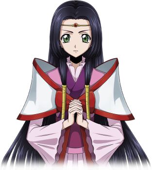 1girl artist_request black_hair bow closed_mouth code_geass code_geass:_lost_stories cropped_torso female_focus flat_chest game_cg gem green_eyes hair_intakes hair_tubes interlocked_fingers japanese_clothes jewelry kimono long_hair long_sleeves looking_at_viewer non-web_source obi official_art own_hands_clasped own_hands_together pink_kimono red_bow red_gemstone sash sidelocks simple_background solo standing straight-on sumeragi_kaguya transparent_background upper_body v-shaped_eyebrows very_long_hair wide_sleeves