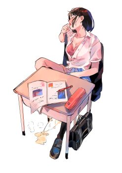 1girl absurdres amo_(amo_0514) bag between_legs black_bag black_jacket black_shoes black_socks blue_skirt blush book bra breasts brown_hair chair cleavage clenched_hand closed_eyes collarbone collared_shirt commentary desk full_body hand_between_legs hand_on_own_face hand_up highres jacket kneehighs leg_up loafers mechanical_pencil medium_breasts miniskirt nose_blush on_chair open_mouth original partially_unbuttoned pee peeing peeing_on_floor pencil pencil_case pink_bra pleated_skirt school_bag school_desk school_uniform shirt shoes short_hair simple_background sitting skirt socks solo steam turning_head underwear unworn_jacket white_background white_shirt