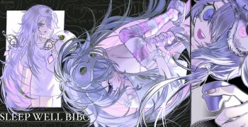 Rule 34 | 1girl, absurdres, chest jewel, dress, gem, grey hair, highres, hololive, hololive english, jewel under eye, koseki bijou, koseki bijou (pebble pajamas), long hair, multicolored hair, open mouth, pebble (koseki bijou), pink hair, pungson mori, purple eyes, purple hair, smile, striped clothes, striped thighhighs, thighhighs, virtual youtuber