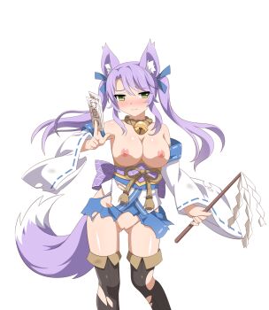 animal_ears bell blush boots breasts breasts_out embarrassed fox_ears fox_girl fox_miko_(sakura_dungeon) fox_tail green_eyes highres japanese_clothes neck_bell official_art ofuda purple_hair sakura_dungeon sprite tail talisman thigh_boots twintails wanaca