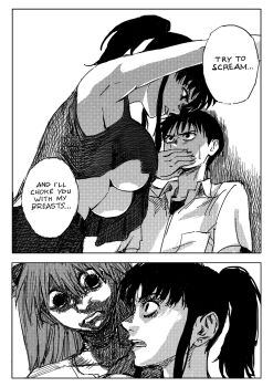 1boy 2girls :o alternate_breast_size_(larger) angry breasts english_text face-to-face femdom hair_between_eyes hetero high_ponytail highres horrified horror_(theme) ikari_shinji katsuragi_misato large_breasts long_hair looking_at_another meme monochrome multiple_girls neon_genesis_evangelion no_bra open_mouth parody parted_lips ponytail reiquant scene_reference shaded_face shingeki_no_kyojin shirt simple_background sleeveless sleeveless_shirt souryuu_asuka_langley surprised tokyo-3_middle_school_uniform underboob white_background yelena_face_(meme)