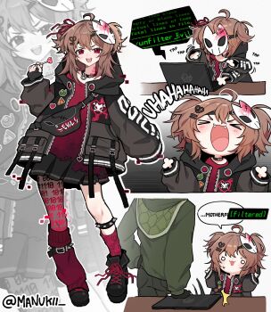 >_< 1boy 1girl :3 :d ahoge alternate_costume ankle_boots asymmetrical_legwear bag belted_leg_warmers binary black_boots black_choker black_gloves black_jacket black_pants black_skirt blank_eyes blood_on_mask blush boots broken_heart broken_heart_hair_ornament brown_hair candy censored_profanity character_name chibi choker clothes_writing computer crossbody_bag evil_neuro-sama fangs fashion fingerless_gloves food full_body glitch gloves gradient_clothes gradient_shirt green_hoodie hacking hair_between_eyes hair_ornament hair_ribbon hand_on_own_hip hands_up heart heart-shaped_food heart-shaped_lollipop heart_zipper highres holding holding_candy holding_food holding_lollipop hood hooded_jacket hoodie jacket lace-up_boots laptop laughing leg_belt leg_warmers light_blush lollipop long_hair long_sleeves looking_at_viewer manukii mask mask_on_head miniskirt motion_lines multiple_views neck_tattoo neuro-sama nose_blush o-ring o-ring_choker open_mouth outline oversized_jacket pants pixelated pleated_skirt pocket red_eyes red_leg_warmers red_ribbon red_shirt red_socks ribbon shaped_lollipop shirt shoulder_bag skirt skull_and_crossbones skull_mask sleeves_past_fingers sleeves_past_wrists smile socks speech_bubble standing studded_garter_belt surprised sweatdrop table tattoo techwear teeth torn_clothes torn_shirt turtle twitter_username two_side_up typing upper_teeth_only v-shaped_eyebrows vedal987 vedal_ai virtual_youtuber white_background white_outline zipper zipper_pull_tab zoom_layer
