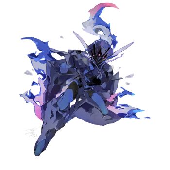 1other absurdres arm_blade armor arms_at_sides breastplate ceruledge colored_skin facing_to_the_side fake_horns fire head_tilt helmet highres hitodama horned_helmet horns kanami_(bprod) leg_armor looking_to_the_side nintendo on_one_knee one_eye_covered plume pokemon pokemon_(creature) pokemon_focus purple_armor purple_eyes purple_skin shoulder_pads solo sword turning_head weapon white_background