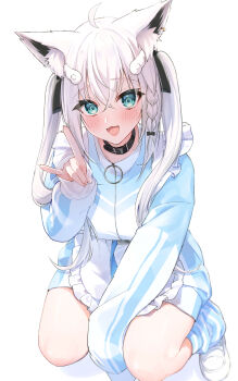 1girl ahoge akai_ame animal_ear_fluff animal_ear_piercing animal_ears apron aqua_eyes aqua_jacket belt_collar black_choker blush braid choker collar commentary_request fox_shadow_puppet frilled_apron frills hair_between_eyes hair_ornament highres hololive jacket long_hair looking_at_viewer shirakami_fubuki shoes simple_background sleeves_past_fingers sleeves_past_wrists solo squatting track_jacket virtual_youtuber waist_apron white_apron white_background white_hair white_shoes