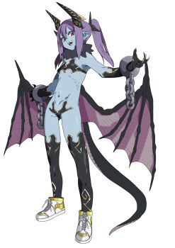 1girl blue_skin chain claws colored_skin demon demon_girl highres looking_at_viewer pointy_ears shoes simple_background sneakers tagme tail white_background wings yoshimaro