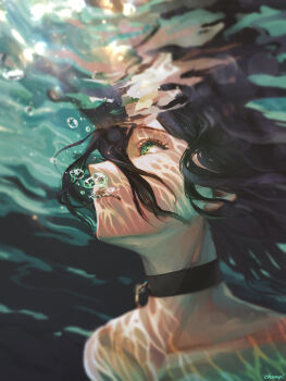 1girl air_bubble artist_name black_choker bubble chainsaw_man champi choker commentary_request distortion green_eyes grenade_pin hair_between_eyes highres light_reflection_(water) long_hair purple_hair refraction revision reze_(chainsaw_man) solo underwater water