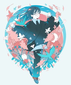 1girl autumn bag bird black_hair black_sweater brown_shoes closed_eyes closed_mouth full_body glasses highres long_hair long_sleeves nocopyrightgirl original outside_border pants shoes shoulder_bag sweater tree