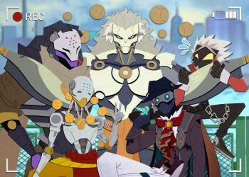 5boys banyue_(zenless_zone_zero) billy_kid black_hat black_pants bow bowtie brown_coat bug butterfly butterfly_on_hand chain clothes_around_waist coat commentary english_commentary facing_viewer floating_ball flying_sweatdrops g_ureii grey_hair hat highres honkai:_star_rail honkai_(series) insect jacket jacket_around_waist male_focus multiple_boys overwatch pants ramattra_(overwatch) red_bow red_bowtie screwllum_(honkai:_star_rail) v viewfinder white_pants yellow_pants zenless_zone_zero zenyatta_(overwatch)