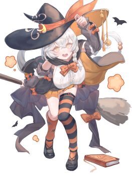 1girl absurdres black_cape black_hat black_shoes black_skirt black_sleeves blue_archive blush bow braid breasts cape crossed_bangs detached_sleeves eri_(blue_archive) ggangtong hair_between_eyes hat highres holding holding_staff kneehighs large_breasts leaning_forward looking_at_viewer open_mouth orange_socks orange_thighhighs red_bow shirt shoes sideboob sidelocks single_braid single_kneehigh single_sock single_thighhigh skirt socks solo staff striped_clothes striped_thighhighs thighhighs white_hair white_shirt witch_hat yellow_eyes