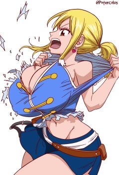 blonde_hair breast_expansion breasts bursting_breasts cleavage earrings fairy_tail heart highres huge_breasts jewelry lucy_heartfilia matching_hair/eyes medium_hair navel poter_colus thick_thighs thighs torn_clothes twintails yellow_eyes