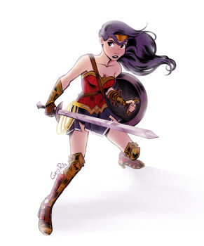 1girl bare_shoulders black_hair black_lips blue_skirt boots circlet commentary dc_comics floating_hair full_body geryrdz highres holding holding_shield holding_sword holding_weapon lasso_of_truth looking_to_the_side shield skirt solo sword weapon wonder_woman wonder_woman_(series) wrist_guards