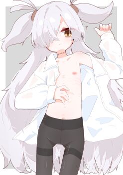 1girl ? absurdres bags_under_eyes black_pantyhose blue_archive border brown_eyes closed_mouth collared_shirt flat_chest grey_background grey_hair hair_over_one_eye hand_up highres kanoe_(blue_archive) long_hair long_sleeves looking_at_viewer lying navel nipples on_back open_clothes open_shirt outside_border pantyhose protected_link puffy_long_sleeves puffy_sleeves rano_u_rabe scar scar_on_neck shirt simple_background solo thighband_pantyhose two_side_up very_long_hair white_border white_shirt