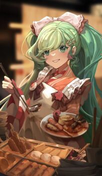 1girl apron blueicedtea blush chikuwa commentary daikon food fork_hair_ornament frilled_apron frills green_eyes green_hair hair_between_eyes hair_ornament hatsune_miku highres holding holding_ladle japanese_clothes kimono ladle long_hair long_sleeves looking_at_viewer magical_mirai_miku magical_mirai_miku_(2024) oden official_alternate_costume official_alternate_hairstyle orange_kimono parted_lips plate radish smile solo soup_ladle spoon_hair_ornament tofu twintails very_long_hair vocaloid white_apron wide_sleeves