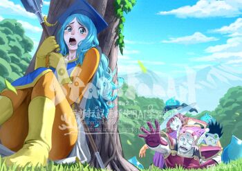 1girl 2boys 2girls 5tatsu aqua_hair armor blue_gemstone blue_hat blue_tabard bodysuit boots bruise bruised_eye crying dragon_quest dragon_quest_iii gem gloves gold_trim hat helmet highres holding holding_staff injury k.o. long_hair long_sleeves mage_(dq3) mortarboard mountain multiple_boys multiple_girls one_eye_closed open_mouth orange_bodysuit outstretched_hand pale_skin parted_bangs priest_(dq3) red_gloves red_hair roto_(dq3) shoulder_armor shouting slime_(creature) staff sun_hat tabard tears tree twitter_username under_tree warrior_(dq3) wavy_hair wide-eyed winged_helmet witch_hat x_x yellow_boots yellow_gloves