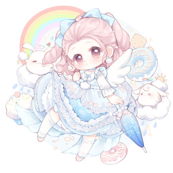 absurdres blue_bow blue_dress blue_umbrella bow bow_earrings bowtie chinese_commentary choker circle circle_skirt closed_mouth closed_umbrella cloud cloud_reverie_(infinity_nikki) commentary_request cracker creature cupcake donut dot_nose dress dress_bow earrings expressionless eyelashes floating_clothes food footwear_bow forehead frilled_choker frilled_sleeves frilled_socks frilled_umbrella frills hair_bow hair_ornament hand_on_own_shoulder heart heart_hair_ornament highres holding holding_umbrella infinity_nikki jewelry lace lace-trimmed_dress lace_trim large_bow light_blush light_frown lolita_fashion long_hair long_sleeves medium_dress nikki_(series) nuli_de_chengzhi_er over-kneehighs petticoat pink_bow pink_eyes pink_hair pink_shoes pom_pom_(clothes) pom_pom_earrings rain rainbow ringlets shoes socks sparkle square_neckline tareme thighhighs two_side_up umbrella wavy_hair white_background white_bow white_bowtie white_choker white_sleeves white_socks