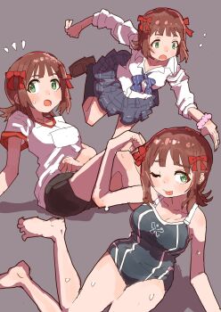 1girl amami_haruka ankle_socks black_one-piece_swimsuit black_socks blush bow bowtie breasts brown_hair brown_shoes cleavage commentary_request covered_navel falling flying_sweatdrops full_body green_eyes grey_background gym_shirt gym_shorts gym_uniform hair_bow hair_ribbon highres idolmaster idolmaster_(classic) loafers long_hair long_sleeves looking_at_viewer loose_bowtie medium_breasts multiple_hair_bows multiple_hair_ribbons multiple_views notice_lines one-piece_swimsuit one_eye_closed open_mouth pleated_skirt red_ribbon ribbon scrunchie shirt shoes short_sleeves shorts sidelocks simple_background sitting skirt socks sweat swimsuit white-space white_shirt wrist_scrunchie