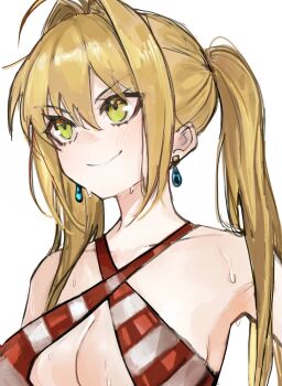 1girl ahoge bare_shoulders bikini blonde_hair blush breasts cleavage criss-cross_halter earrings fate/grand_order fate_(series) green_eyes hair_intakes halterneck highres jewelry large_breasts long_hair nero_claudius_(fate) nero_claudius_(swimsuit_caster)_(fate) red_bikini smile solo striped_bikini striped_clothes swimsuit twintails yotsutsu428
