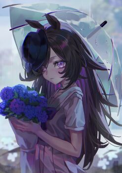 1girl absurdres animal_ears black_hat blue_flower blue_rose blue_shirt bouquet brown_hair closed_mouth cloud cloudy_sky collarbone colored_inner_hair cowboy_shot day expressionless eyelashes eyes_visible_through_hair flower hair_over_one_eye hat hat_flower high-waist_skirt highres holding holding_bouquet horse_ears horse_girl hyacinth light_blush long_hair looking_at_viewer mini_hat multicolored_hair okinairis outdoors pleated_skirt purple_eyes rain rice_shower_(umamusume) rose sailor_collar school_uniform shirt short_sleeves skirt sky solo standing tracen_school_uniform transparent transparent_umbrella umamusume umbrella umbrella_over_shoulder very_long_hair white_sailor_collar white_skirt