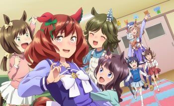 6+girls animal_ears anime_coloring arm_up artist_request baby back_bow blue_hat blue_sailor_collar blue_shirt blue_skirt blue_theme blush bow bowtie breasts brooch brown_eyes brown_pupils brown_sleeves ceiling_light child collarbone door dutch_angle ear_bow ear_covers ears_through_headwear eyelashes fingernails game_cg green_bow hair_bow hair_ornament hair_tie hairclip hat holding_another&#039;s_arm horse_ears horse_girl horse_tail horseshoe_ornament indoors jewelry large_breasts long_hair long_sleeves looking_at_viewer mat matikanetannhauser_(umamusume) medium_hair medium_skirt multicolored_hair multiple_girls nervous nervous_smile newsboy_cap nice_nature_(umamusume) official_art open_mouth parallel_hairclips pink_bow pleated_skirt pulling_another&#039;s_clothes raised_inner_eyebrows red_hair sailor_collar school school_uniform shirt short_twintails sidelocks single_ear_down skirt small_breasts smile streaked_hair sweatdrop swept_bangs tail tareme teeth tracen_school_uniform twintails umamusume upper_teeth_only waving wavy_hair white_bow white_bowtie
