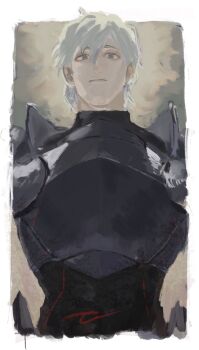 1boy alter_servant armor black_armor commentary_request fate/grand_order fate_(series) grey_eyes grey_hair highres looking_at_viewer male_focus musclewata percival_(fate) short_hair solo upper_body