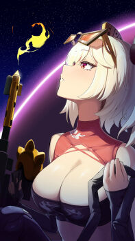 Rule 34 | 1girl, absurdres, blonde hair, breasts, burnice white, cleavage, eyewear on head, fire, glasses, highres, holding, holding weapon, kounoud0, red eyes, solo, space, star (sky), weapon, zenless zone zero