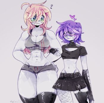 2girls cleavage_cutout clothing_cutout commentary crop_top detached_sleeves fishnets genderswap genderswap_(mtf) goth_fashion height_difference highres latex leggings multiple_girls murder_drones sourcandysc standing symbol-only_commentary thad_(murder_drones) thighhighs tomboy uzi_(murder_drones) yuri