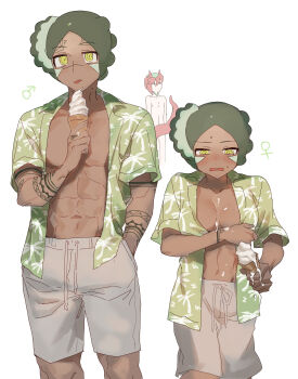 1girl 2boys abs absurdres blush closed_mouth cowboy_shot dark-skinned_male dark_skin dragon_boy dual_persona food food_on_body genderswap genderswap_(mtf) green_hair green_shirt hand_in_pocket hand_up hawaiian_shirt highres holding holding_food holding_ice_cream holding_ice_cream_cone ice_cream ice_cream_cone looking_at_viewer multiple_boys multiple_views open_clothes open_shirt original ringed_eyes sakoku_(oyatsu3ji_) shin_(sakoku_(oyatsu3ji_)) shirt short_hair short_sleeves shorts simple_background toned toned_male tongue tongue_out very_short_hair white_background yellow_eyes