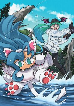 2girls :d absurdres alternate_costume animal_ears aqua_eyes bat_wings beanie biting black_boots black_gloves black_hat black_pants blue_hair boots cat_ears cat_girl cat_tail cloud cloudy_sky commentary darkstalkers demon_girl fangs felicia_(darkstalkers) fish fishing gloves green_eyes green_hair hat head_wings highres jacket long_hair morrigan_aensland multiple_girls open_mouth oushiza_towel pants partially_fingerless_gloves ponytail sky smile symbol-only_commentary tail teeth tree upper_teeth_only water white_jacket wings