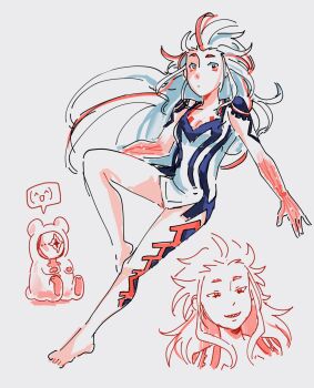 Rule 34 | 1girl, ai the somnium files, aiba (ai the somnium files), ayellowapple, barefoot, breasts, commentary, cropped shirt, english commentary, full body, highres, long hair, multicolored hair, multiple views, one-eyed, red hair, see-through body, sharp teeth, simple background, sitting, spoken expression, streaked hair, teeth, two-tone hair, white background, white hair