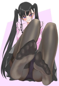 1girl black_hair feet grin highres kon_(user_vvkd7358) long_hair looking_at_viewer panties panties_under_pantyhose pantyhose pantyshot purple_eyes smile soles toes twintails underwear
