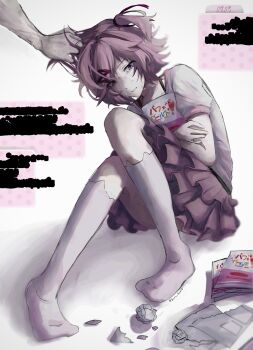 1boy 1girl abuse animal_ear_legwear artist_name averting_eyes bra_strap casual cat_ear_legwear censored censored_text commentary crumpled_paper crying crying_with_eyes_open curled_up damaged dialogue_box disembodied_hand doki_doki_literature_club eyelashes faceless faceless_male father_and_daughter frilled_skirt frills glitch gloom_(expression) grabbing_another&#039;s_hair grimace guru_dayo_3 hair_ornament hair_ribbon highres holding holding_another&#039;s_hair holding_manga hugging_object kneehighs knees_up manga_(object) messy_hair natsuki_(doki_doki_literature_club) on_ground parted_lips pigeon-toed pink_eyes pink_hair pink_skirt pink_trim purple_ribbon ribbon shadow shirt short_hair short_sleeves signature sitting skirt socks solo_focus swept_bangs t-shirt tears torn_paper translated twitter_username unhappy white_shirt white_socks x_hair_ornament