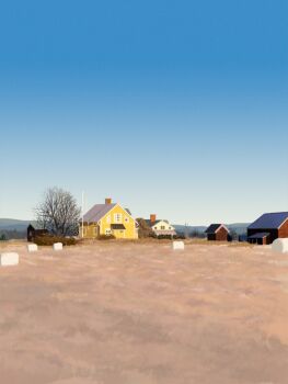 bare_tree blue_sky building clear_sky commentary day english_commentary field highres house no_humans original outdoors photorealistic pop123 realistic rural scenery sky tree