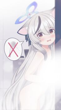1girl absurdres against_glass animal_ear_fluff animal_ears ass bathroom black_ribbon blue_archive blue_halo blush breasts brown_eyes completely_nude convenient_censoring crying crying_with_eyes_open dot_nose from_side furrowed_brow grey_hair hair_between_eyes hair_over_shoulder hair_ribbon halo highres kokona_(blue_archive) ksj1030 loli long_hair looking_at_viewer looking_to_the_side multicolored_hair nude open_mouth ribbon showering sidelocks small_breasts solo speech_bubble standing steam steam_censor streaked_hair tears thighs tiger_ears tiger_girl very_long_hair