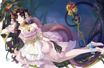 1girl absurdres anjo_nala anjo_nala_(forbidden_fruit) apple bare_legs bare_shoulders barefoot black_gloves black_hair blue_background breasts cleavage demon_girl dress flower food fruit full_body gloves grin hair_flower hair_ornament hand_up highres holding holding_food holding_fruit long_hair looking_up official_alternate_costume pink_tail pole purple_eyes reverse:1999 short_dress sleeveless sleeveless_dress smile solo white_dress yangtong_:d~~