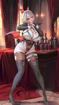 1girl absurdres black_boots black_thighhighs blush boots bottle breasts bridal_gauntlets closed_mouth covered_navel cup drinking_glass feet_out_of_frame grey_hair hands_up head_wings highres huge_breasts indoors looking_at_viewer maid_headdress mole mole_under_mouth original red_eyes red_nails short_hair smile solo standing suerte thigh_boots thighhighs thighhighs_under_boots torn_clothes torn_thighhighs underboob wine_bottle wine_glass wings wrist_cuffs