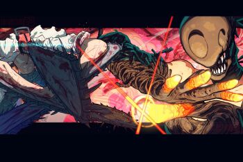 1boy 1girl alternate_form apron black_apron black_gloves blood bomb bomb_devil_(chainsaw_man) chainsaw chainsaw_man collared_shirt denji_(chainsaw_man) elbow_gloves explosion explosion_background explosive gloves glowing glowing_eye highres imminent_attack imminent_explosion object_head pull_cord sharp_teeth shirt sleeves_rolled_up taku_(aywakutakuay) teeth white_shirt