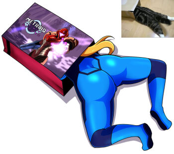 1girl absurdres artist_request ass blonde_hair blue_bodysuit bodysuit box cameltoe cat dimples_of_venus female_focus highres huge_ass knees_apart_feet_together legs long_hair lower_body metroid metroid_prime_4:_beyond nintendo photo_inset ponytail print_bodysuit real_life_insert samus_aran simple_background skin_tight spread_legs stuck stuck_in_a_box thighs white_background wide_hips zero_suit