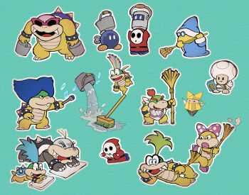 2girls 6+boys :d ^_^ aqua_background arms_up bamboo_broom bandana bangle black_eyes blonde_hair blue_hair blue_headwear blue_robe bob-omb bobby_(paper_mario) bow bowser_jr. bracelet broom buck_teeth bucket calculator claws closed_eyes commentary_request duster elbow_rest fang fangs feather_duster glasses green_hair hat head_rest holding holding_broom holding_bucket holding_duster holding_wand hood hood_up huey_(paper_mario) iggy_koopa jewelry kamek larry_koopa lemmy_koopa lips long_sleeves looking_at_another ludwig_von_koopa lying mario_(series) mask morton_koopa_jr. multicolored_hair multiple_boys multiple_girls nintendo olivia_(paper_mario) on_side opaque_glasses open_mouth outstretched_arm paper_mario paper_mario:_color_splash paper_mario:_the_origami_king pink-framed_eyewear pink_bow pink_hair pink_lips polka_dot polka_dot_bow puddle red_hair rinabee_(rinabele0120) robe round_eyewear roy_koopa shangri-spa_toad shy_guy simple_background smile spiked_bracelet spiked_shell spikes spill standing streaked_hair sunglasses sweeping teeth thick_lips toad_(mario) towel turtle_shell v-shaped_eyebrows wand water wendy_o._koopa white_bandana white_wings wings