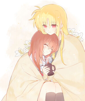 Rule 34 | 2girls, alternate hairstyle, blonde hair, blush, chin rest, closed eyes, closed mouth, commentary, cup, fate testarossa, flower, hair between eyes, head on head, head rest, highres, holding, holding cup, lyrical nanoha, mug, multiple girls, one side up, orange hair, red eyes, sailor collar, shared blanket, shiyoi, sitting, steam, takamachi nanoha, white flower, white sailor collar, yuri