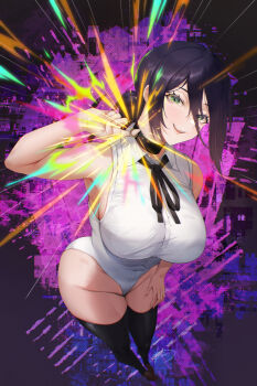 1girl :d abstract_background adapted_costume alternate_breast_size_(larger) arm_up armpits bare_arms bare_shoulders black_choker black_hair black_ribbon black_thighhighs breasts brown_shoes chainsaw_man choker commentary covered_navel foreshortening from_above full_body green_eyes groin hair_between_eyes hair_bun large_breasts leotard loafers looking_at_viewer looking_up medium_hair neck_ribbon open_mouth reze_(chainsaw_man) ribbon shoes signature single_hair_bun smile solo standing teeth thighhighs upper_teeth_only verien white_leotard