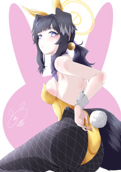 1girl absurdres adjusting_clothes adjusting_leotard alternate_costume animal_ears ass back black_hair black_pantyhose blue_archive blue_eyes blunt_bangs blush breasts bright_pupils commentary dog_ears dog_girl dog_tail eyelashes fake_animal_ears fake_tail feet_out_of_frame fishnet_pantyhose fishnets floppy_ears from_behind hair_bobbles hair_ornament halo hibiki_(blue_archive) highleg highleg_leotard highres large_breasts leotard long_hair looking_at_viewer low_ponytail maximum7010 pantyhose playboy_bunny ponytail rabbit_ears rabbit_tail sideboob sidelocks signature simple_background sitting solo strapless strapless_leotard tail white_background white_pupils white_wrist_cuffs wrist_cuffs yellow_halo yellow_leotard