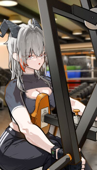 1girl :o absurdres ahoge black_gloves black_horns black_pants black_shrug black_sports_bra blurry blurry_background breasts cleavage collarbone commentary curled_horns english_commentary exercising fingerless_gloves gloves grey_eyes grey_hair gym highres horns indoors large_breasts long_hair looking_at_viewer multicolored_eyes open_mouth pants photo_background red_eyes ryeon_(naturesan) shrug_(clothing) solo sports_bra toned toned_female two-tone_eyes watch wristwatch wuthering_waves zani_(wuthering_waves)