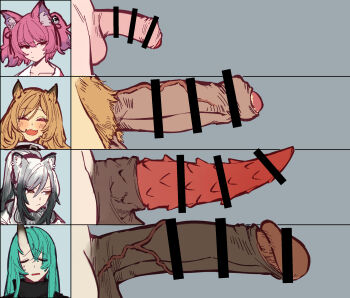 4futa animal_ear_fluff animal_ears animal_penis arknights bar_censor blush brown_hair cat_penis censored ceobe_(arknights) chart closed_eyes comparison erection female_pubic_hair foreskin futanari green_hair grey_background hair_between_eyes highres horns hoshiguma_(arknights) long_hair looking_at_viewer mirin_chikuwa multiple_futa open_mouth penis penis_chart penis_comparison penis_size_difference pink_hair ponytail pubic_hair schwarz_(arknights) shamare_(arknights) simple_background single_horn smegma spiked_penis testicles veins veiny_penis