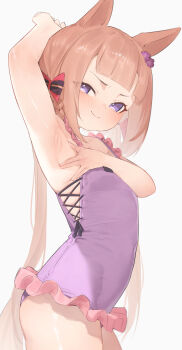 1girl animal_ears arm_up armpit_focus armpits blush braid braided_hair_rings breasts brown_hair casual_one-piece_swimsuit closed_mouth frilled_one-piece_swimsuit frills hair_rings highres horse_ears horse_girl horse_tail loli long_hair looking_at_viewer nose_blush official_alternate_costume one-piece_swimsuit presenting_armpit purple_eyes purple_one-piece_swimsuit simple_background small_breasts solo sweep_tosho_(it's_all_mine!)_(umamusume) sweep_tosho_(monopolizing_the_chill?)_(umamusume) sweep_tosho_(umamusume) swimsuit tail umamusume wavy_mouth white_background xaea_xp