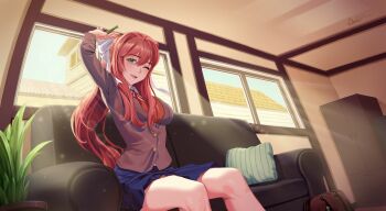 1girl arms_up bag blazer blue_skirt breasts commentary couch dated day doki_doki_literature_club double-parted_bangs green_eyes grey_jacket hair_between_eyes highres indoors jacket light_rays long_bangs long_hair looking_at_viewer monika_(doki_doki_literature_club) on_couch one_eye_closed open_mouth pillow plant ponytail potted_plant red_hair school_bag signature sitting skirt smile solo stretching sunbeam sunlight tiger_june window wing_collar
